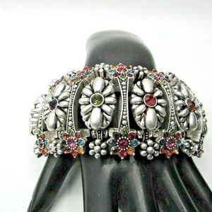 STATEMENT Multi Color Rhinestone Silver Tone Bangle Stretch Fashion Brac…